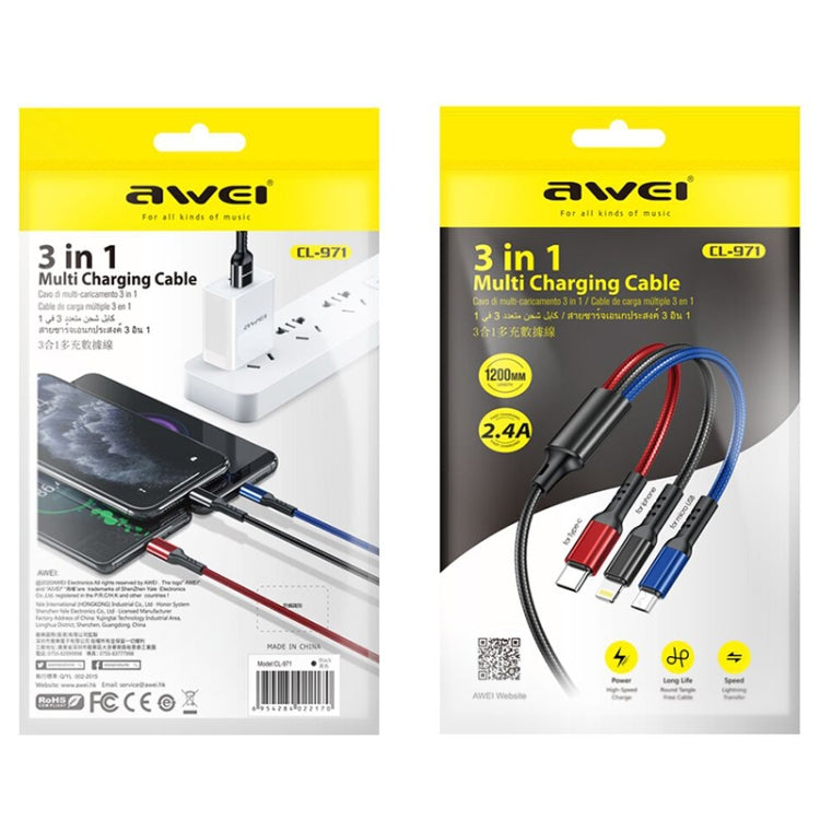 awei CL-971 3 in 1 1.2m 2.4A USB to 8 Pin + Micro USB + USB-C / Type-C Multi Charging Cable – Fast Charging