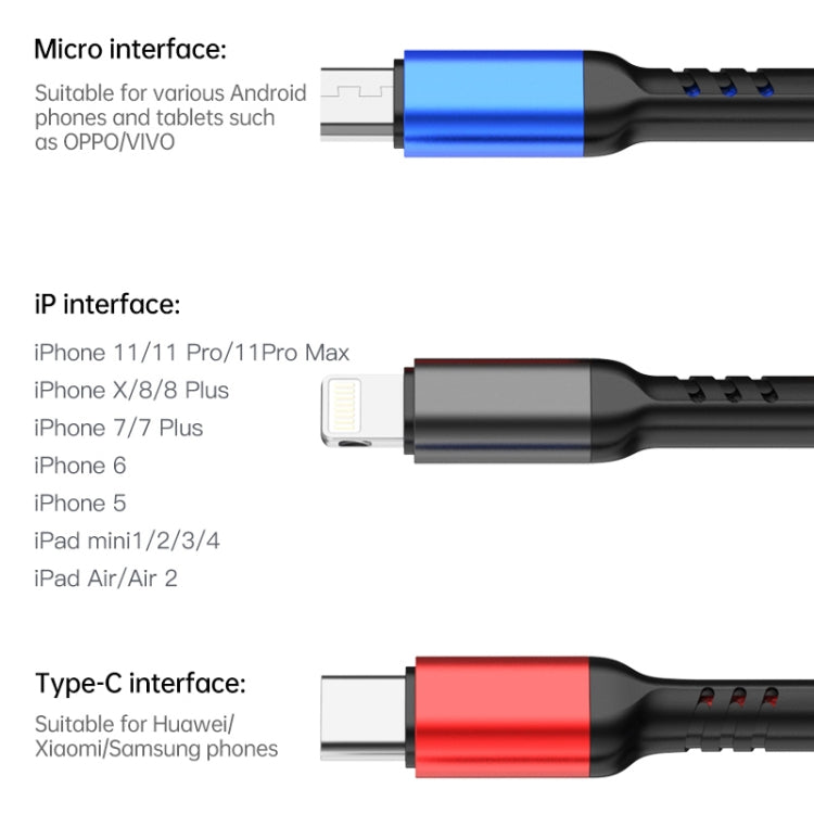 awei CL-971 3 in 1 1.2m 2.4A USB to 8 Pin + Micro USB + USB-C / Type-C Multi Charging Cable – Fast Charging
