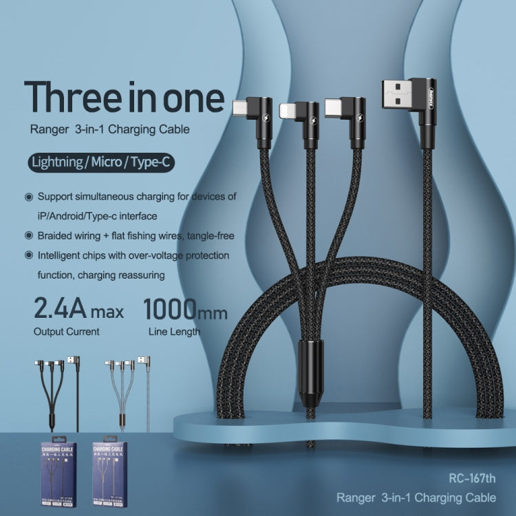 RC-167th Charging Cable – 3 in 1 2.1A USB to 8 Pin + USB-C / Type-C + Micro USB Range Series...