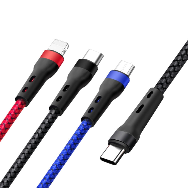 100W 6A Type-C to 8 Pin+Type-C+Micro USB Charging Data Cable, 1.3m – TPU Black Red Blue