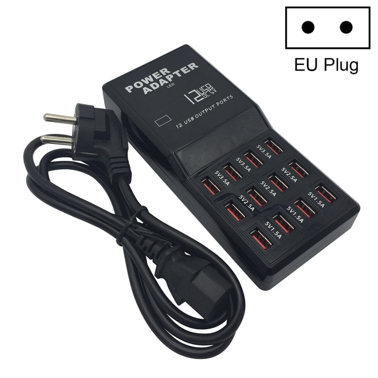 W-858 12A 12 Ports USB Fast Charging Dock Desktop Smart Charger AC100-240V, EU Plug, EU Plug EU Plug
