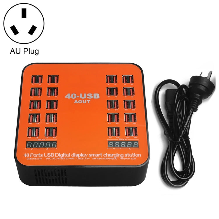 WLX-840 200W 40 Ports USB Digital Display Smart Charging Station AC100-240V, AU Plug (Black+Orange), AU Plug – TPU AU Plug