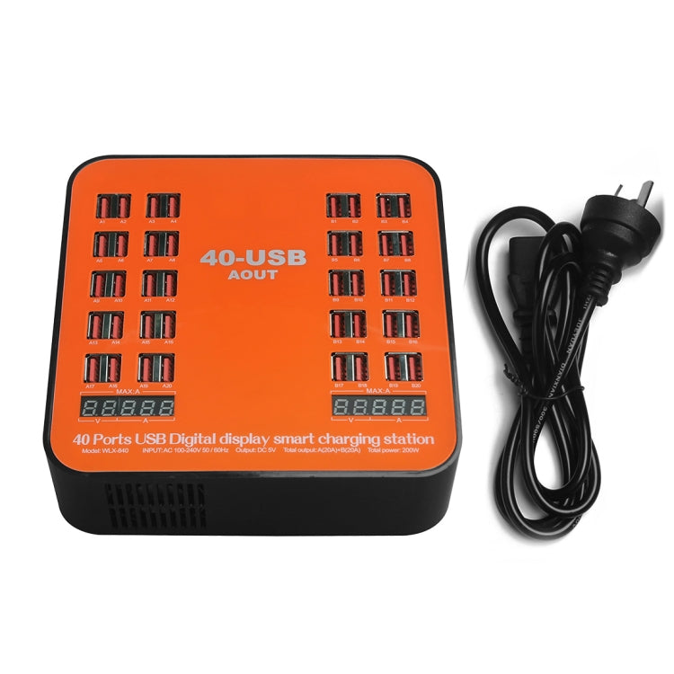 WLX-840 200W 40 Ports USB Digital Display Smart Charging Station AC100-240V, AU Plug (Black+Orange), AU Plug – TPU
