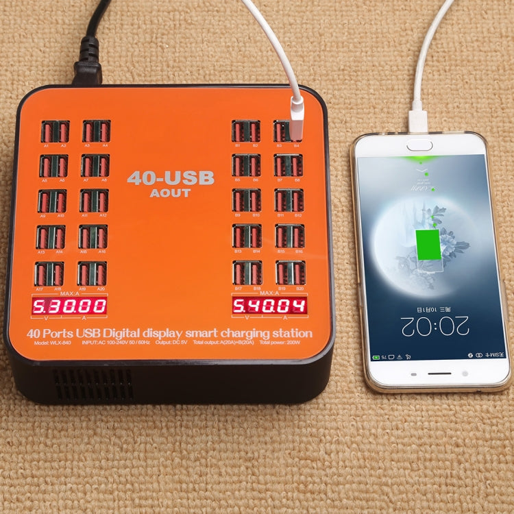 WLX-840 200W 40 Ports USB Digital Display Smart Charging Station AC100-240V, AU Plug (Black+Orange), AU Plug – TPU