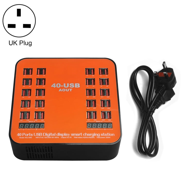 WLX-840 200W 40 Ports USB Digital Display Smart Charging Station AC100-240V, UK Plug (Black+Orange), UK Plug UK Plug