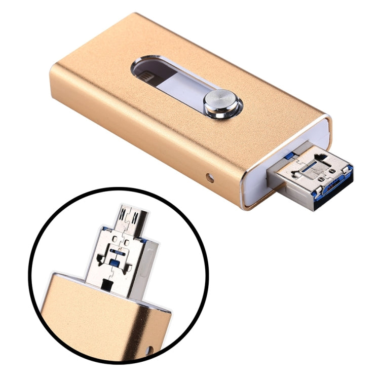 RQW-02 USB Flash Drive – 3 in 1 USB 2.0 & 8 Pin & Micro USB 64GB Flash Drive, RQW-02 Gold