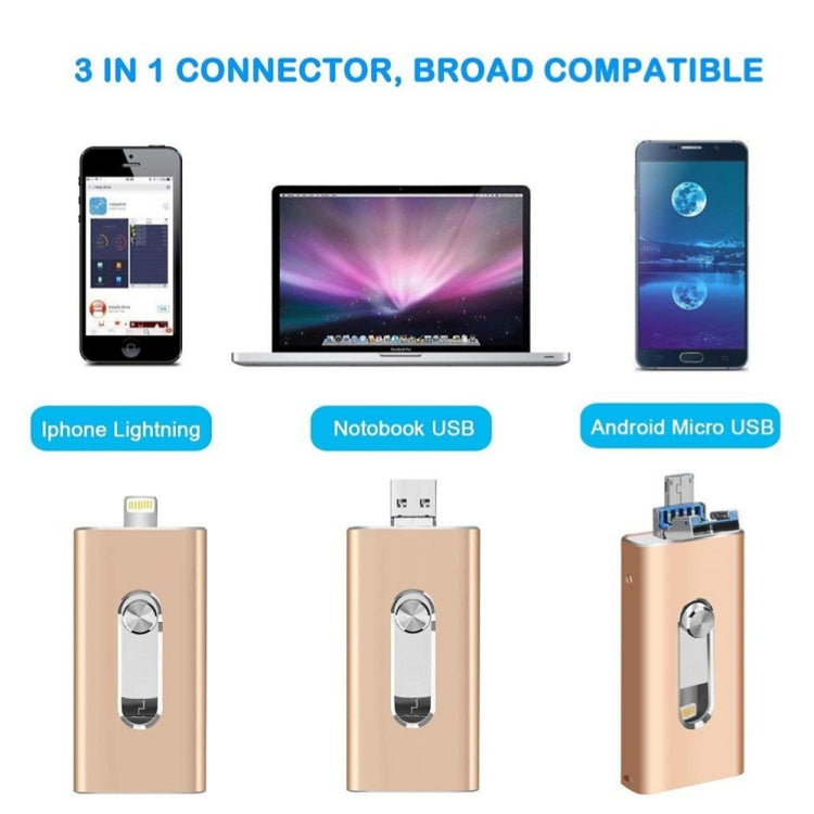 RQW-02 USB Flash Drive – 3 in 1 USB 2.0 & 8 Pin & Micro USB 128GB Flash Drive, RQW-02 Gold