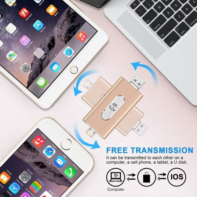 RQW-02 USB Flash Drive – 3 in 1 USB 2.0 & 8 Pin & Micro USB 128GB Flash Drive, RQW-02 Gold