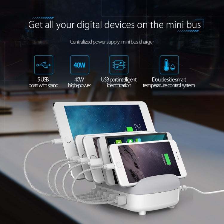 ORICO DUK-5P 40W 5 USB Ports Smart Charging Station with Phone & Tablet Stand, EU Plug – TPU