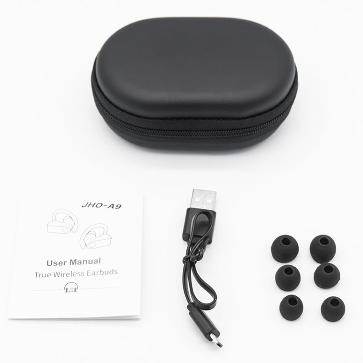 JHO-A9 TWS Wireless Hanging Ear Type Bluetooth Earphone with Charging + Storage Integrated Zipper Bag, Support Voice Control, JHO-A9