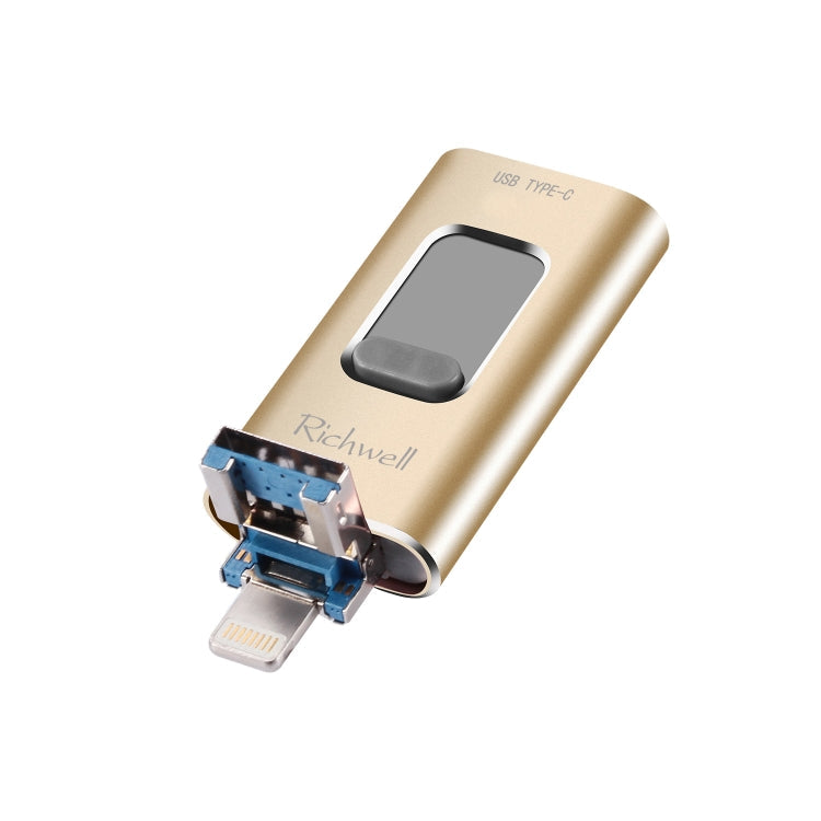 USB Flash Drive – 3 in 1 64G Type-C + 8 Pin + USB 3.0 Metal Push-pull Flash Disk with OTG... Gold