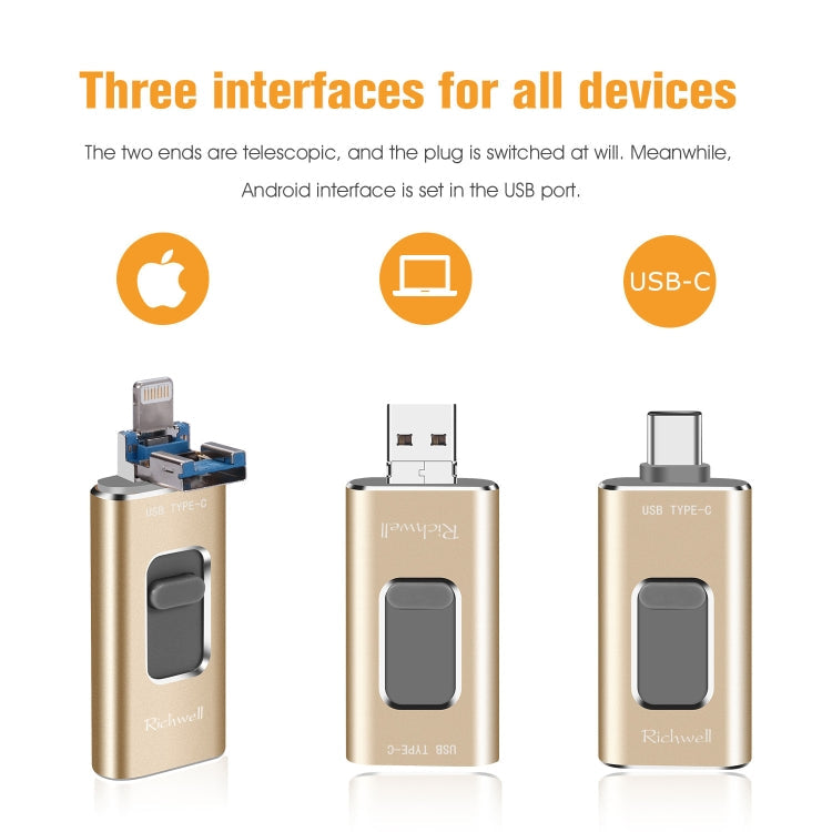 USB Flash Drive – 3 in 1 128G Type-C + 8 Pin + USB 3.0 Metal Push-pull Flash Disk with...