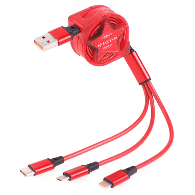 1.2m 3 in 1 USB to USB-C / Type-C + 8Pin + Micro USB Retractable Data Syn Charging Cable Red