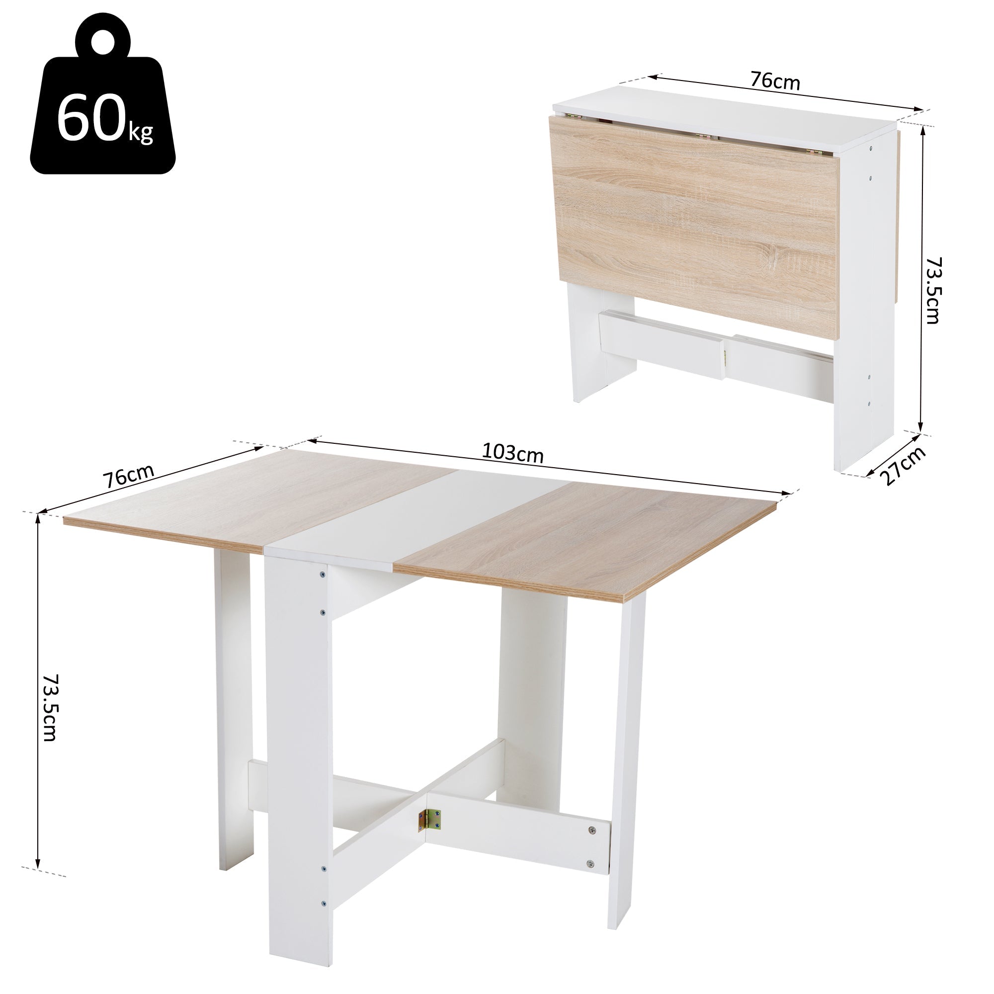 Wooden Folding Dining Table, Writing Computer Desk, PC Workstation, Space Saving, Home Office, Oak and White