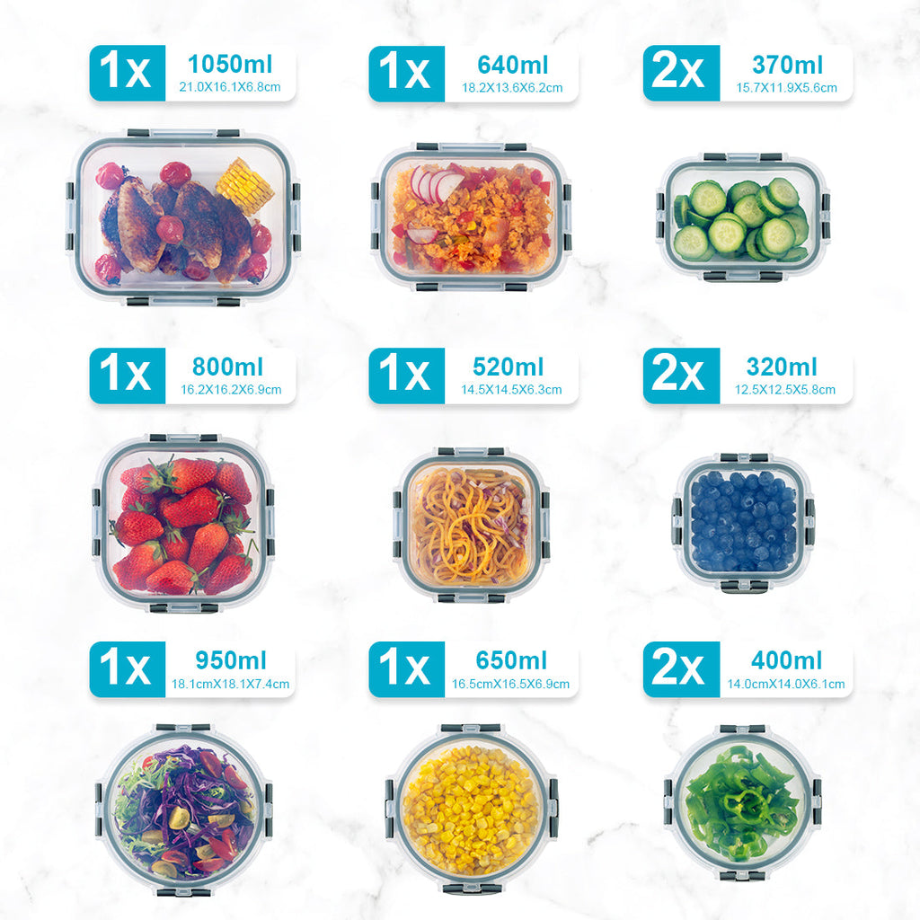 Glass Food Storage Containers with Airtight Lids - Assorted Sizes - 12 PACK