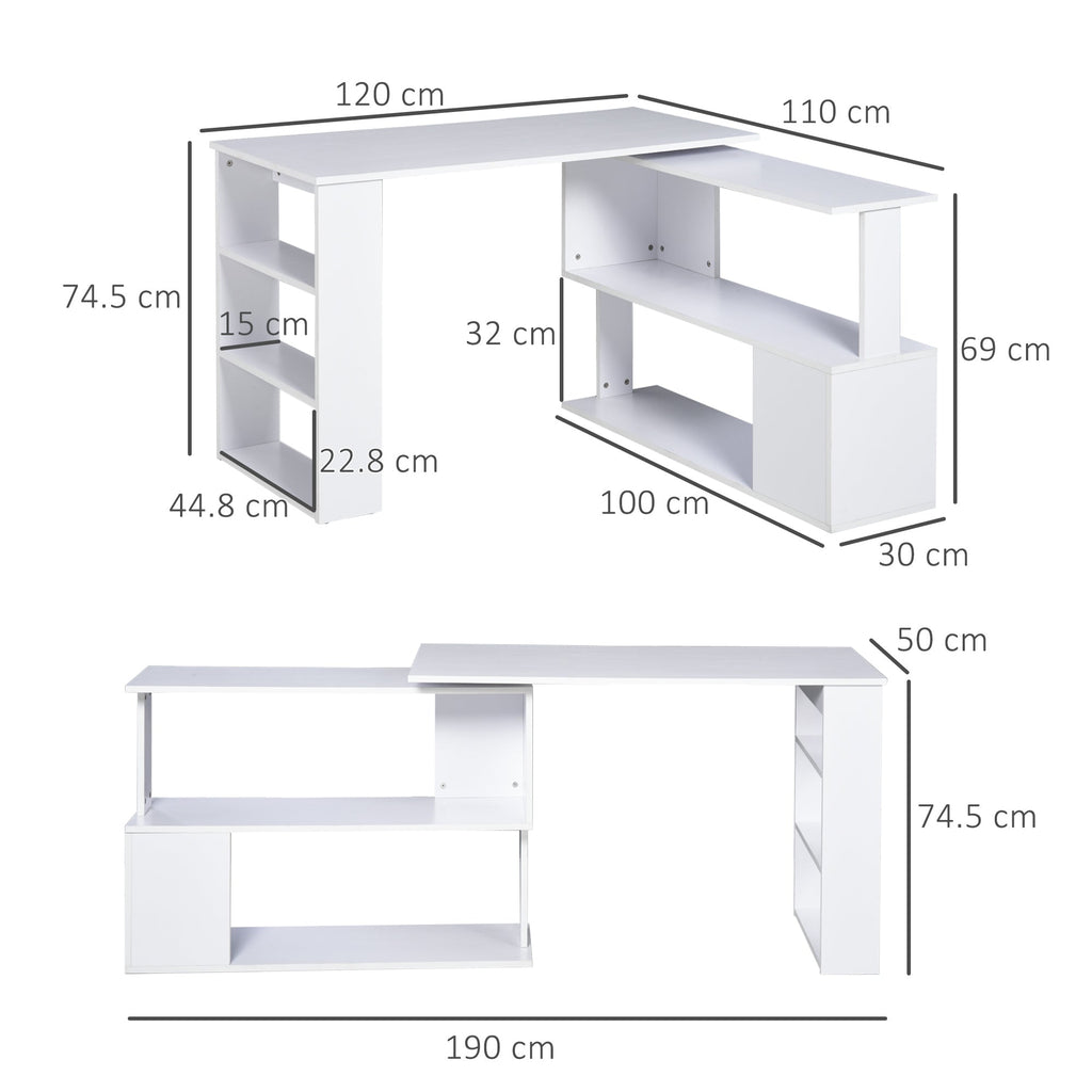 Corner Computer Desk, L Shaped Desk with 360° Rotating Bookshelf, 120L x 110W x 74.5H cm, White