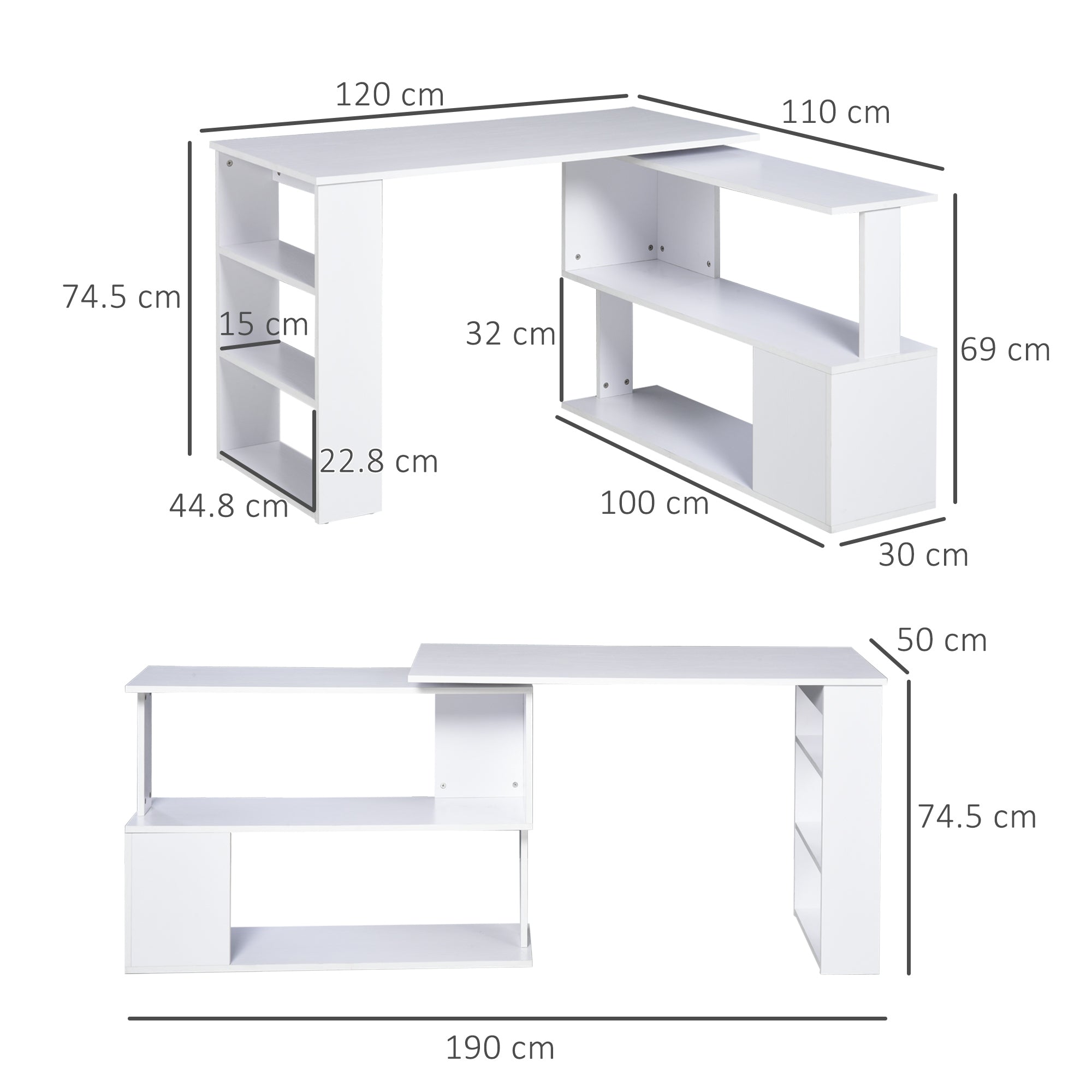 Corner Computer Desk, L Shaped Desk with 360° Rotating Bookshelf, 120L x 110W x 74.5H cm, White