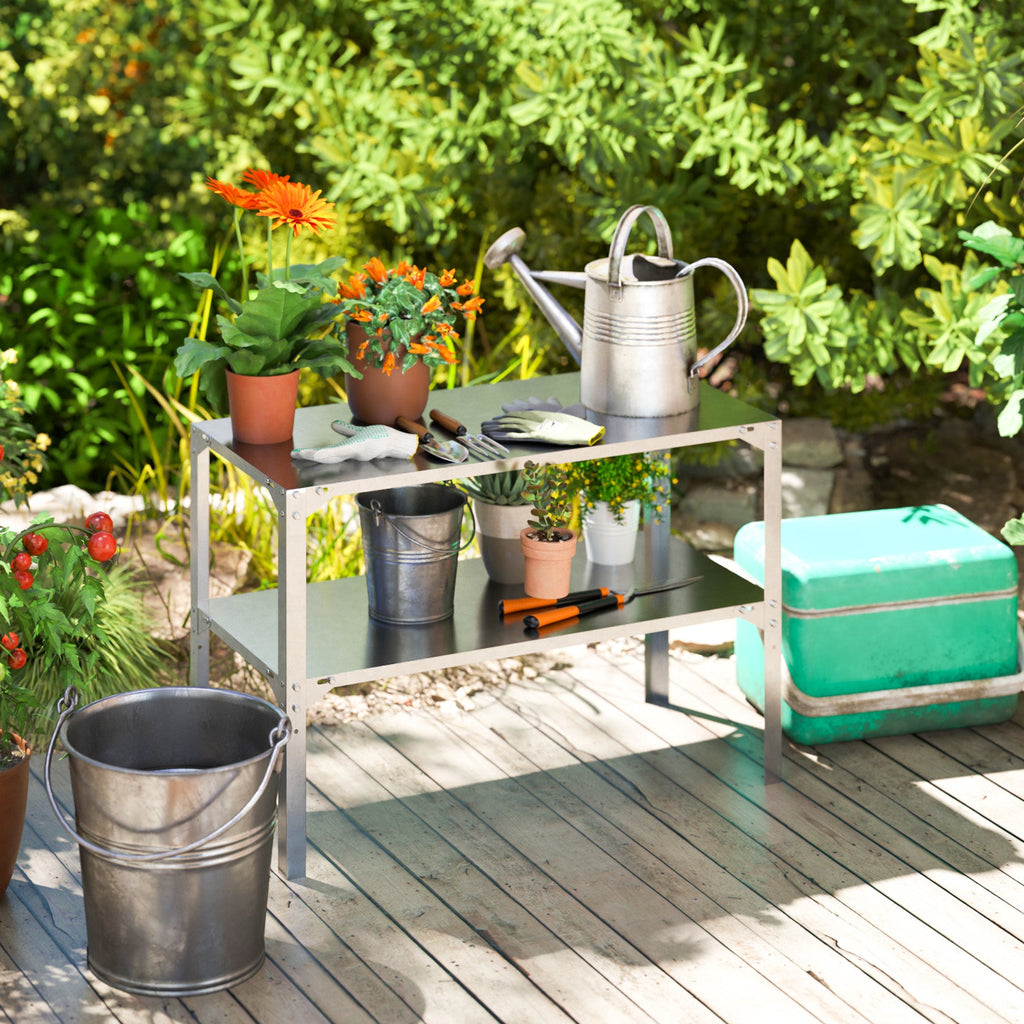 2 Tier Potting Bench Table, Galvanised Work Bench, Silver Tone
