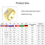 Fashion New Style Gold Plated + AAA Zircon Inlaid Rhinestone Men Diamond Ring, Size: 10, Diameter: 19.8mm, Perimeter: 62.1mm, Diameter: 19.8mm