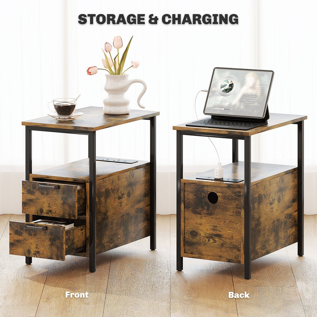 Bedside Table with Charging Station for Living Room, Rustic Brown