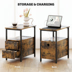 Bedside Table with Charging Station for Living Room, Rustic Brown