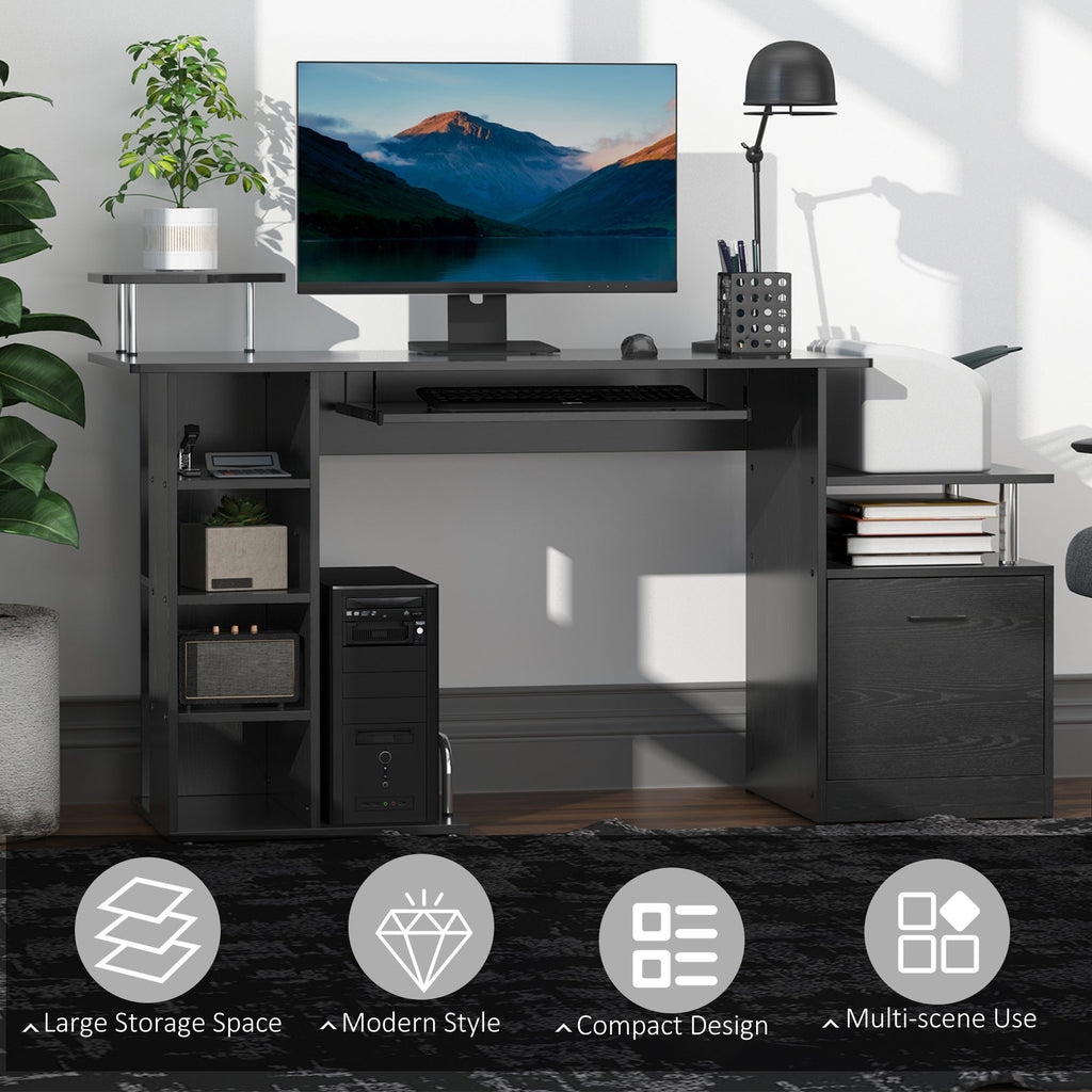 Computer Desk PC Workstation with Drawer, Shelves and CPU Storage Rack, Home Office Furniture, 152 x 60 x 88cm, Black with Wood Grain