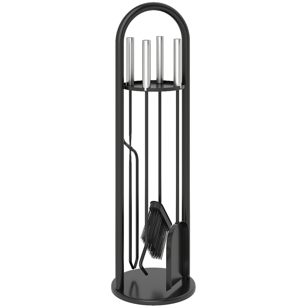 5 Piece Fireplace Tools Set, Metal Fireplace Accessories with Broom, Shovel, Poker, Tongs & Stand, Silver