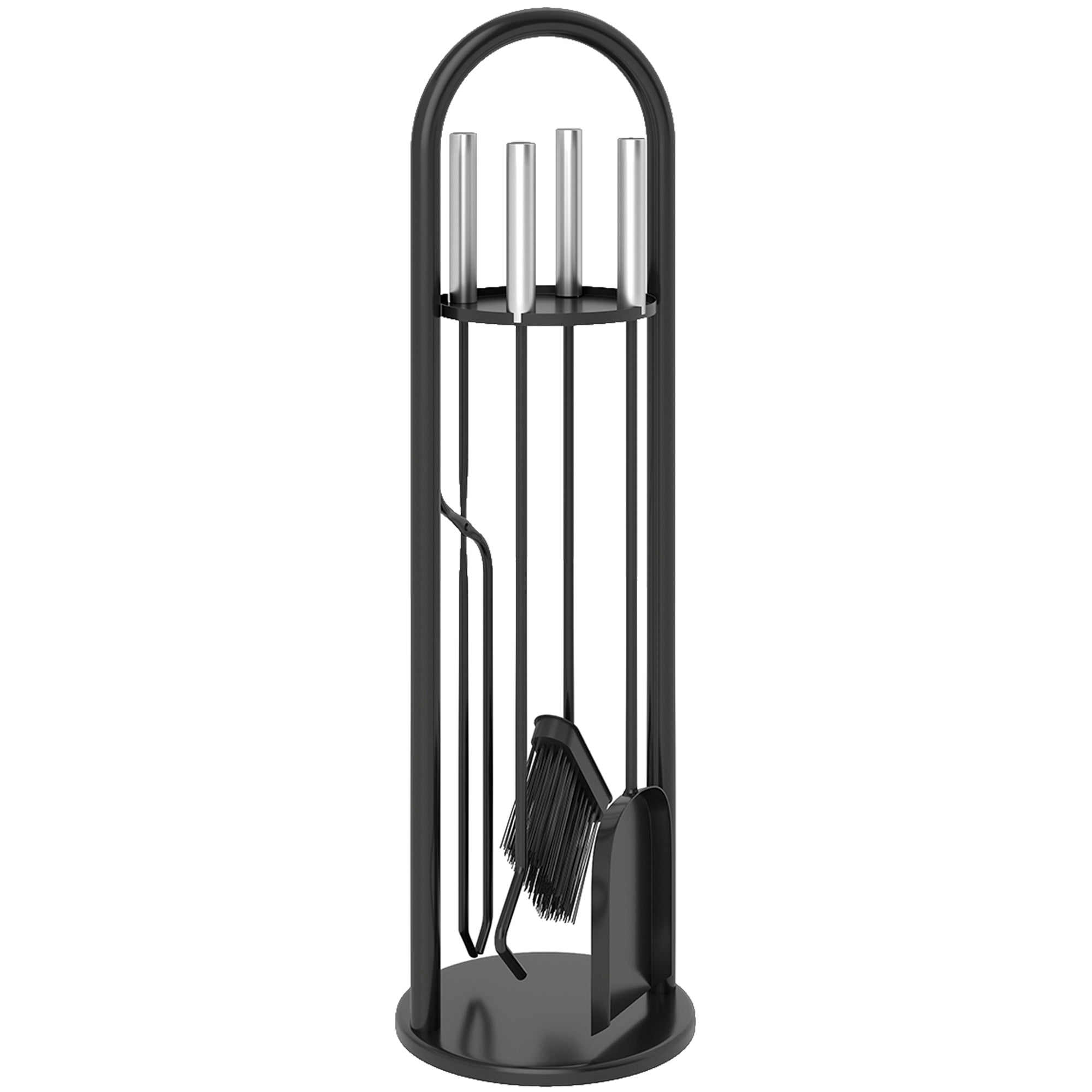 5 Piece Fireplace Tools Set, Metal Fireplace Accessories with Broom, Shovel, Poker, Tongs & Stand, Silver
