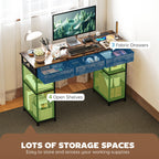 120cm Computer Desk with Power Outlets, Office Desk Study Table with 3 Fabric Drawers and 4 Storage Shelves, Rustic Brown