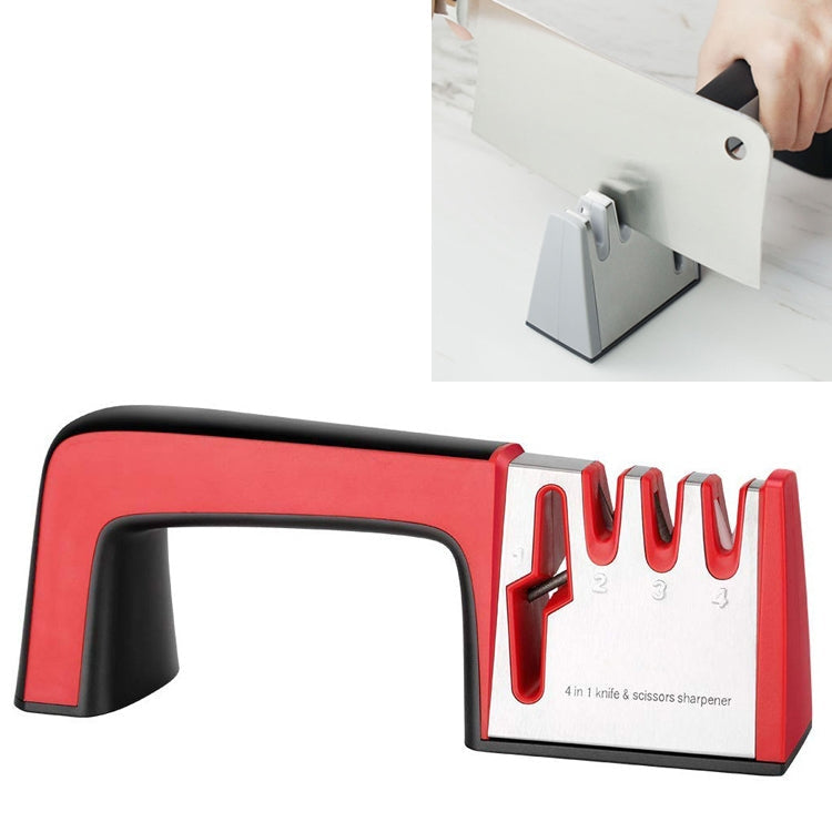 4 in 1 Stainless Steel Knife Sharpener Four Section Hand-held Quick Sharpening Tool with Non Slip Handle, 4 in 1 (Black), 4 in 1 (Red) – Durable Build, Easy to Use 4 in 1 (Red) Red