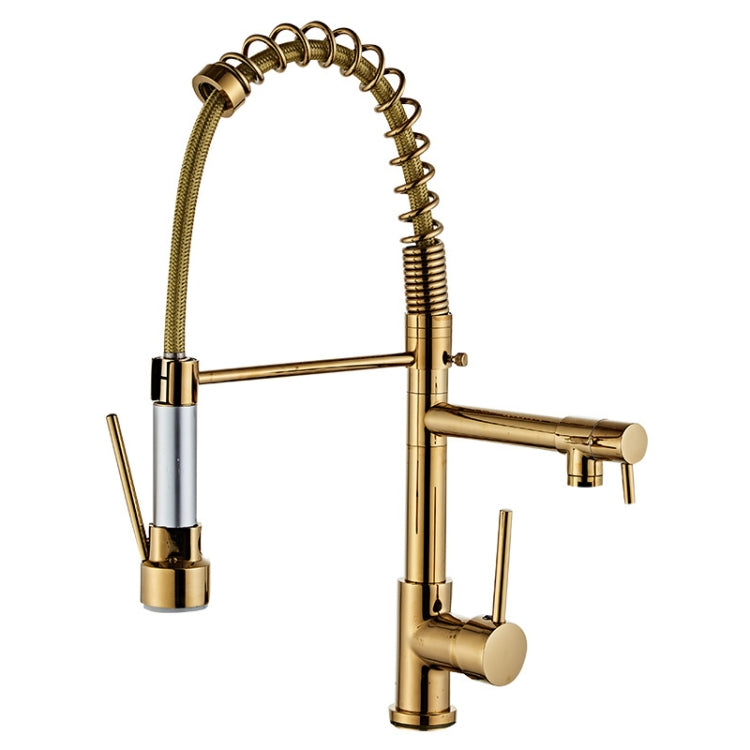 Copper Pull Type Large Spring Double Outlet Kitchen Sink Hot Cold Faucet, Gold Gold