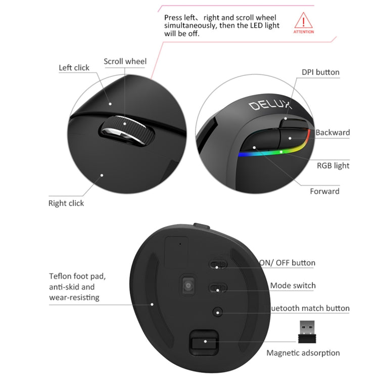 DELUX M618 Mini 2.4G Wireless 2400DPI USB Rechargeable Ergonomic Vertical Mouse, M618 Grey – Durable Build, Easy to Use