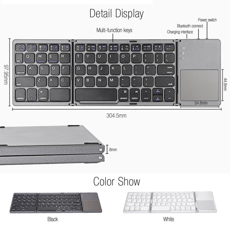 B033 Rechargeable 3-Folding 64 Keys Bluetooth Wireless Keyboard with Touchpad, 3-Folding 64 Keys with Touchpad White – Bluetooth
