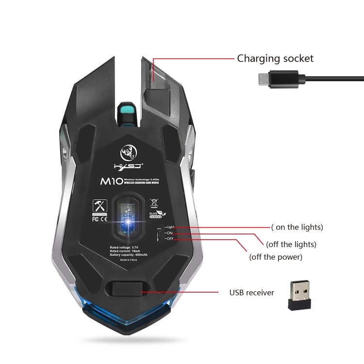 HXSJ M10 2.4GHz 6-keys USB Rechargeable Colorful Lighting Ergonomic 2400DPI Wireless Optical Gaming Mouse for Desktop Computers, M10 – Durable Build, Easy to Use