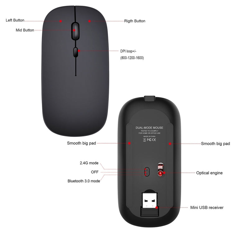 HXSJ M90 2.4GHz Ultrathin Mute Rechargeable Dual Mode Wireless Bluetooth Notebook PC Mouse – Bluetooth