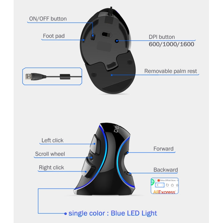DELUX M618 Plus Wired Blue Version Optical Mouse Ergonomic Vertical Mouse 1600DPI, 1600DPI Wired – Durable Build, Easy to Use