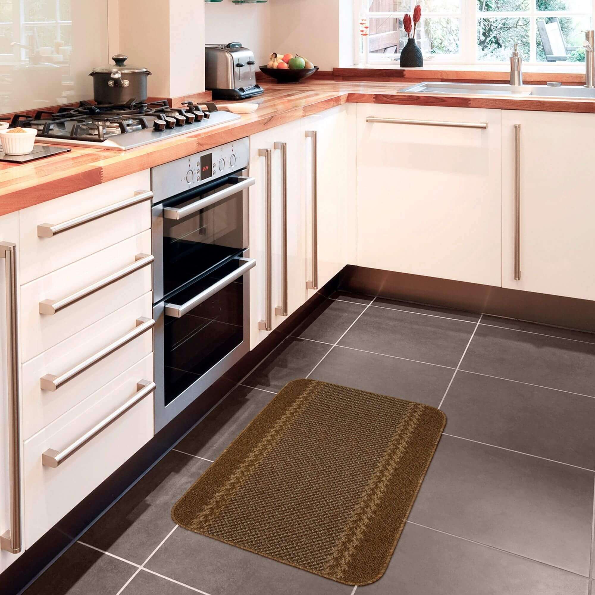 Washable Bordered Brown Rug