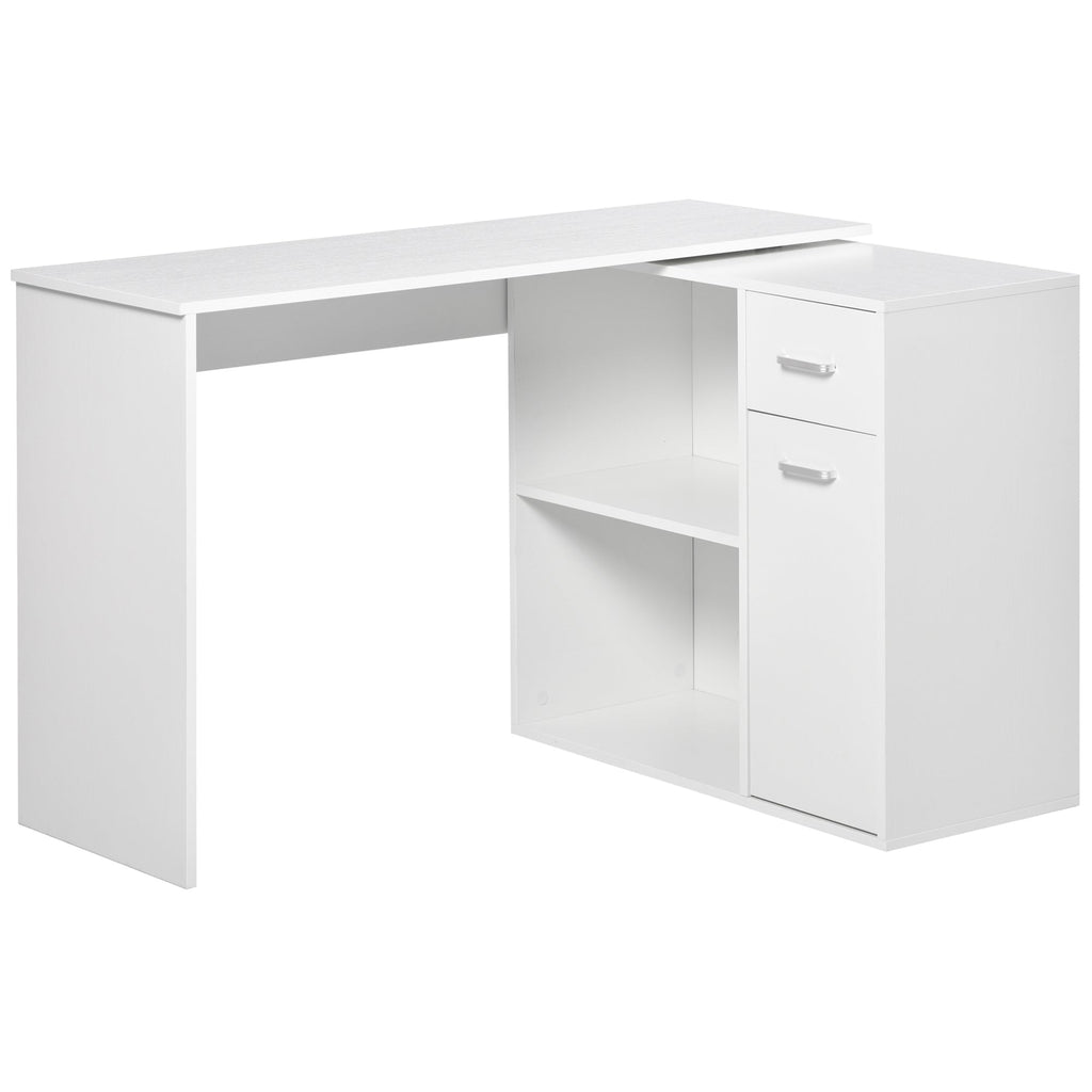 L-Shaped Desk, Corner Computer Desk, Adjustable Study Table with Storage Shelf, Drawer and Cabinet, Workstation for Home Office, White Wood Grain White