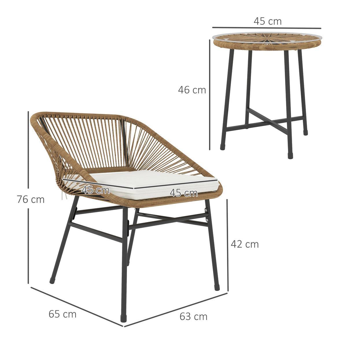 Rattan Bistro Set, Small Balcony Furniture with Cushion, Light Grey