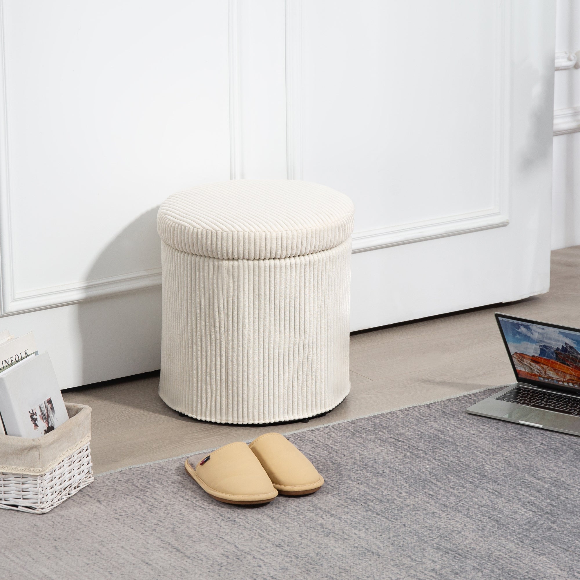 40cm Round Storage Ottoman, Corduroy Footstool with Removable Lid and Legs, Vanity Stool for Living Room, Bedroom, Beige