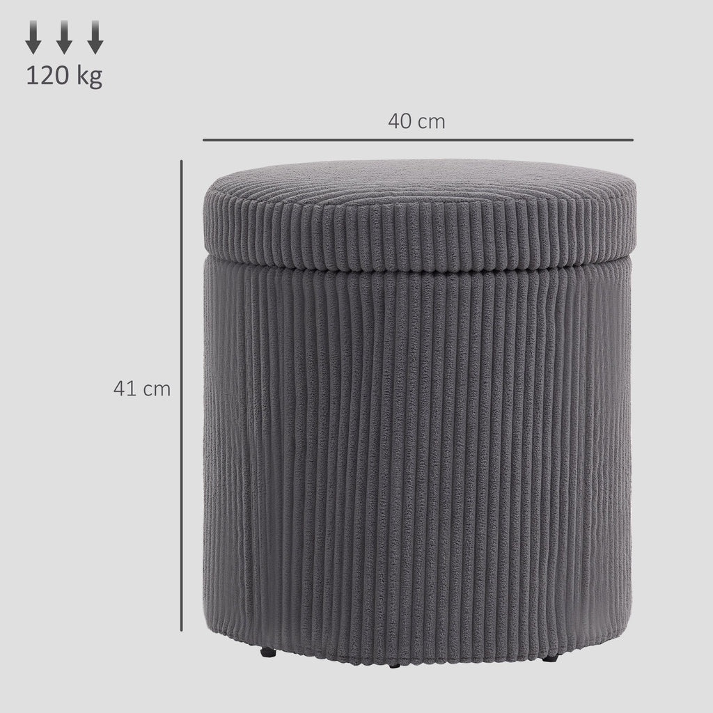 40cm Round Storage Ottoman, Corduroy Footstool with Removable Lid and Legs, Grey