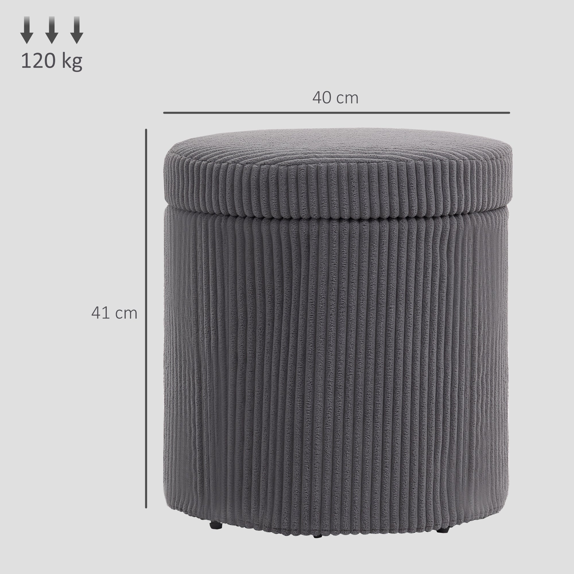 40cm Round Storage Ottoman, Corduroy Footstool with Removable Lid and Legs, Grey