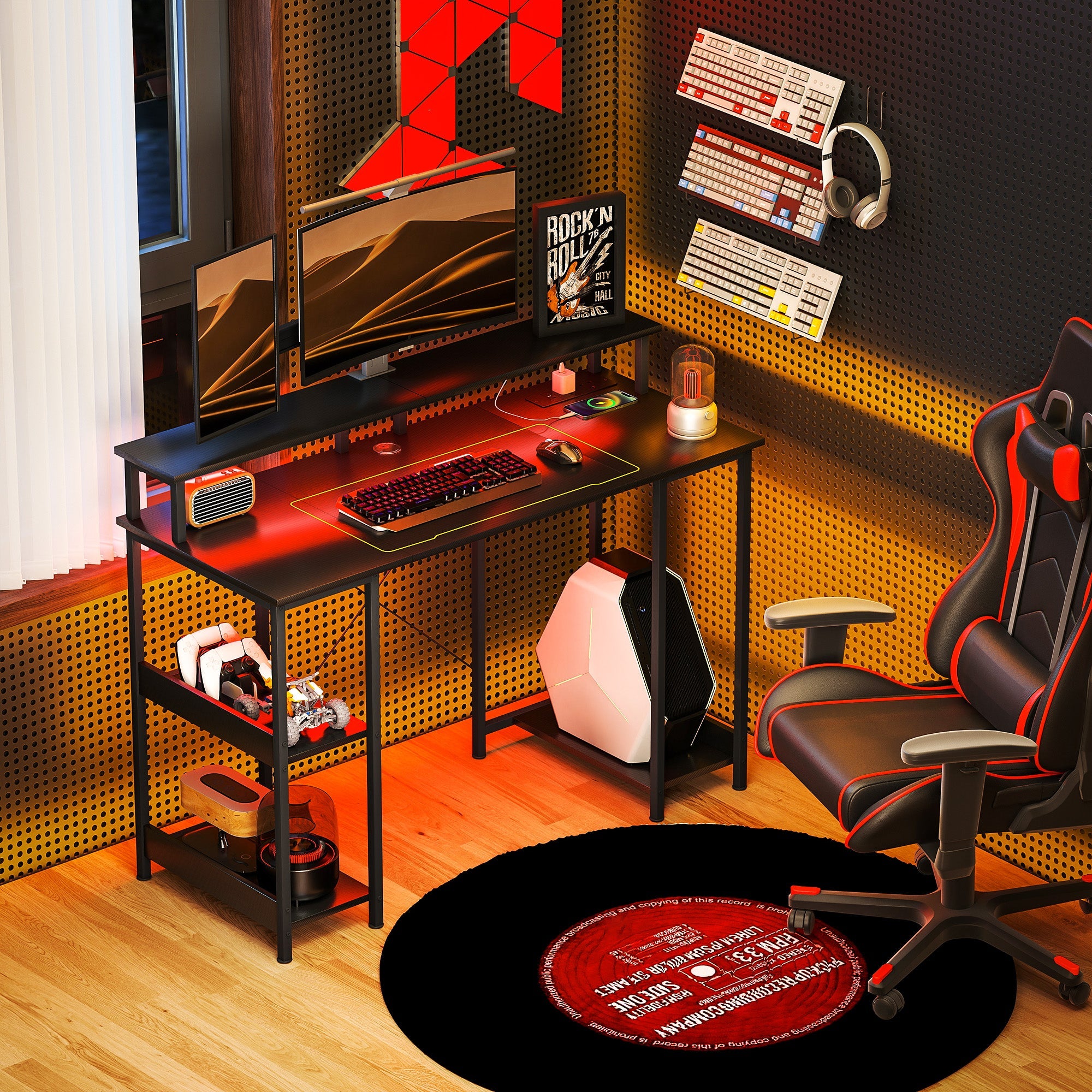 LED Computer Desk, with Power Outlets and Shelves - Carbon Fibre Grey Grey