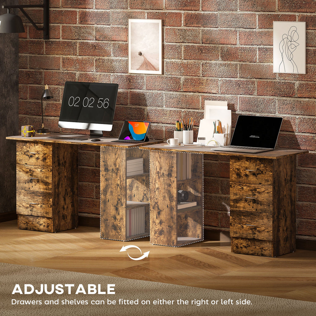 Computer Desk, Writing Table, PC Workstation with 3 Storage Shelves and Drawers, Silver Handle, for Home Office, Rustic Brown