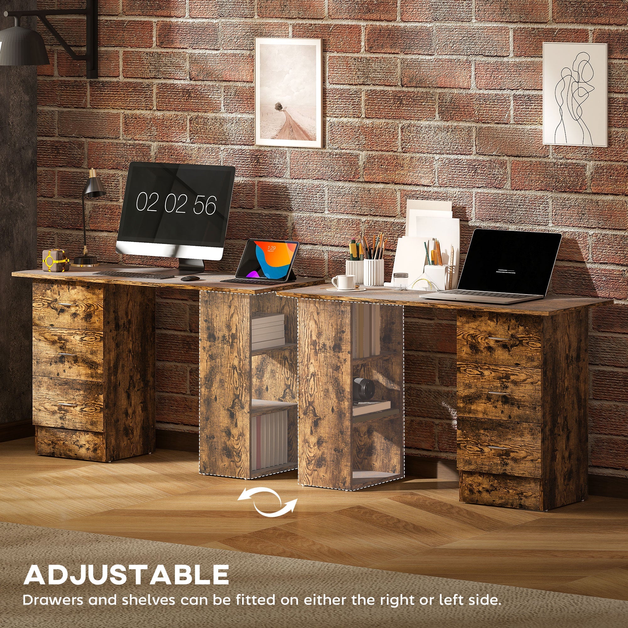 Computer Desk, Writing Table, PC Workstation with 3 Storage Shelves and Drawers, Silver Handle, for Home Office, Rustic Brown