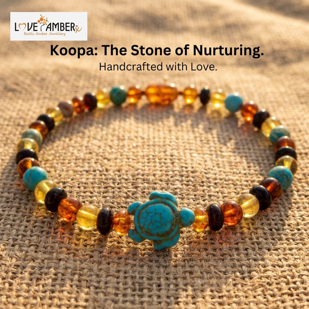 Childs Koopa Blue Turtle Jasper and Polished Rainbow Mixed Baltic Amber Necklace