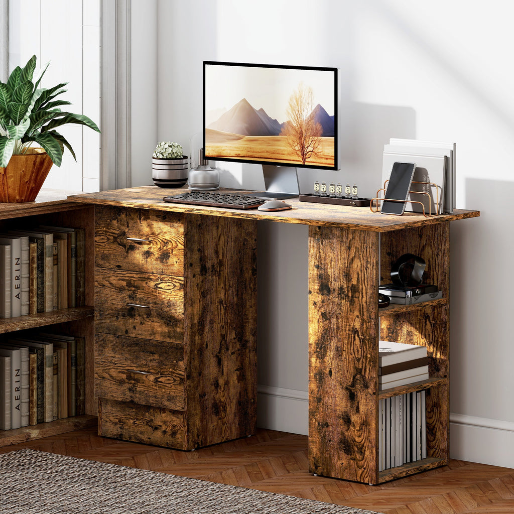 Computer Desk, Writing Table, PC Workstation with 3 Storage Shelves and Drawers, Silver Handle, for Home Office, Rustic Brown