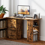 Computer Desk, Writing Table, PC Workstation with 3 Storage Shelves and Drawers, Silver Handle, for Home Office, Rustic Brown