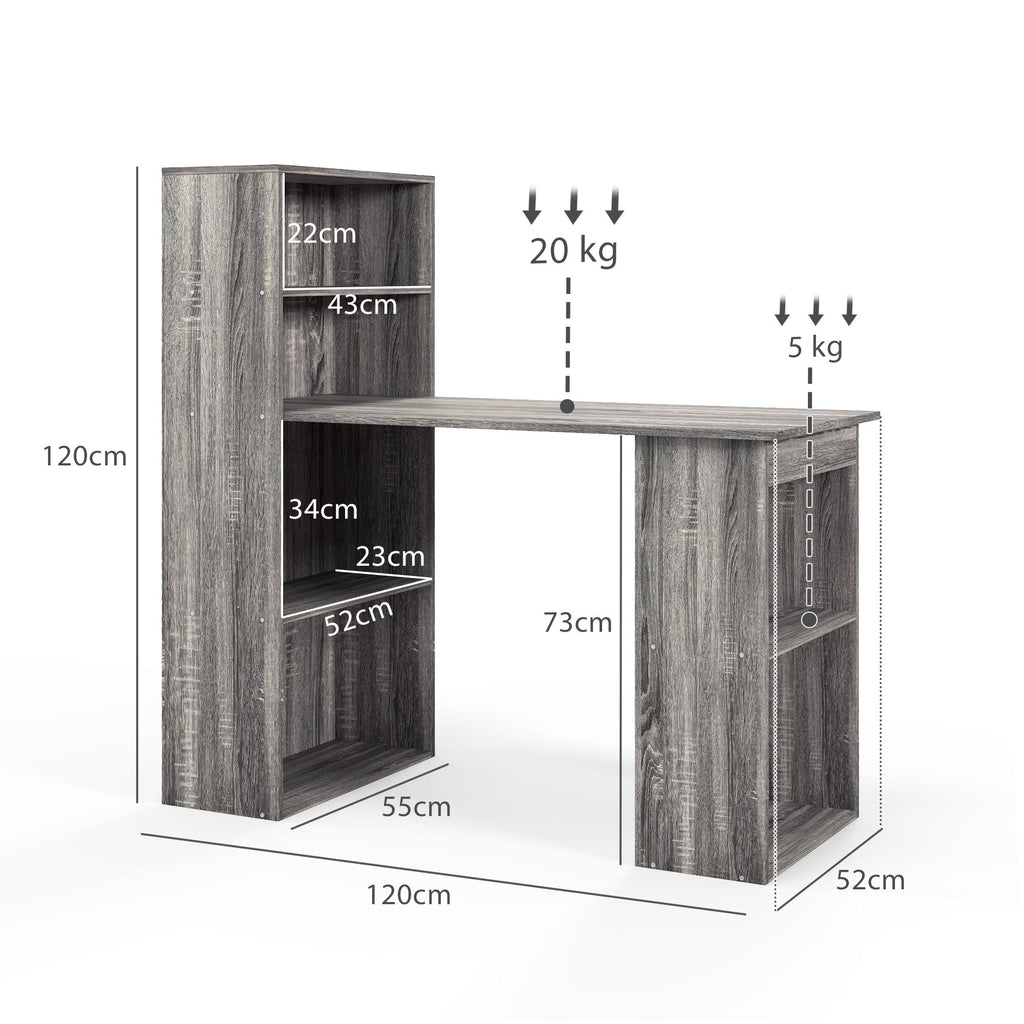 120cm Modern Computer Desk Bookshelf Study Table Workstation PC Laptop Writing Home Office 6 Shelves, Grey Wood-Effect
