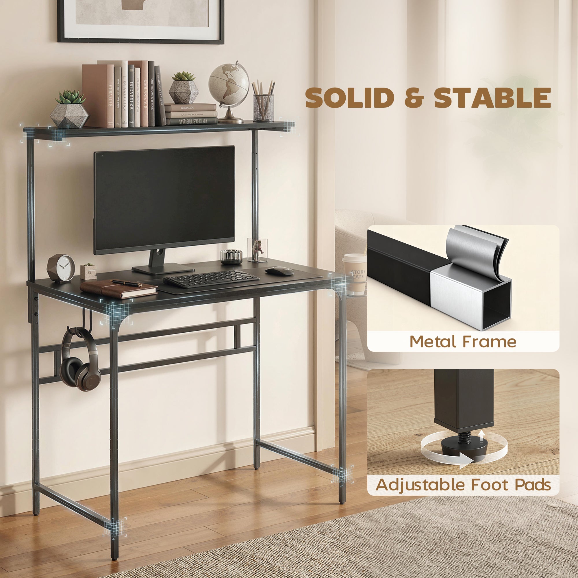 Computer Desk, 80cm Home Office Study Table with Hutch Shelf, Cup Holder, Headphone Hook, Black